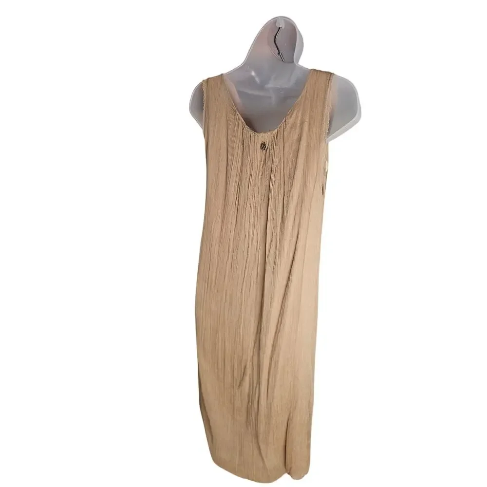 Nana Nucci Tan Tank Midi Dress Sz S Crinkled Fabric Gold Metallic Dashes Silk - Picture 4 of 10
